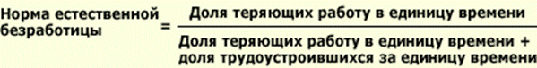 Норма естественной безработицы = доля теряющих работу в еденицу времени/доля теряющих работу в еденицу времени + доля трудоустроившихся в еденицу времени