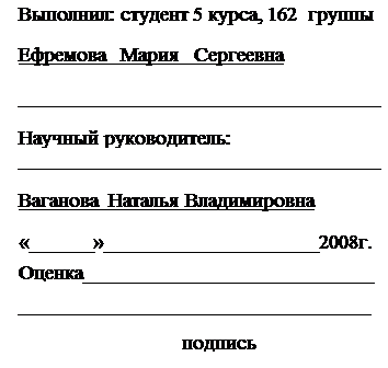 Надпись: Выполнил: студент 5 курса, 162  груп-пы
Ефремова   Мария   Сергеевна
                         ФИО

___________________________________
                            подпись

Научный руководитель:

___________________________________
                    ученая степень, звание

Ваганова  Наталья Владимировна
                     ФИО

«______»_____________________2008г.
Оцен-ка____________________________
__________________________________
                                подпись

