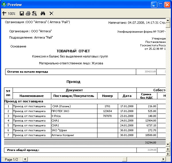 Образец заполнения отчета аптеки